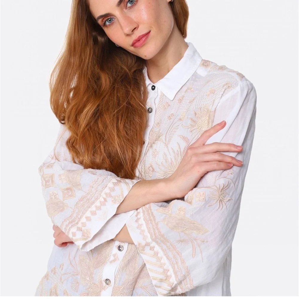 Johnny Was Devere Kimono Sleeve 100% Ramie embroidered button down blous… - Picture 15 of 15